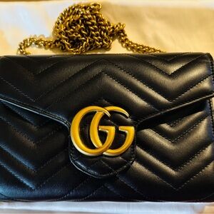 Gucci GG Marmont Black Chevron Leather Small Bag with Gold Accents